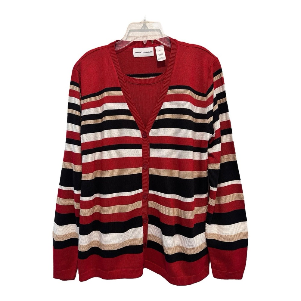 Alfred Dunner Womens Sweater M‎ Red Striped Button Front 2-in-1 Layered Knit USA
